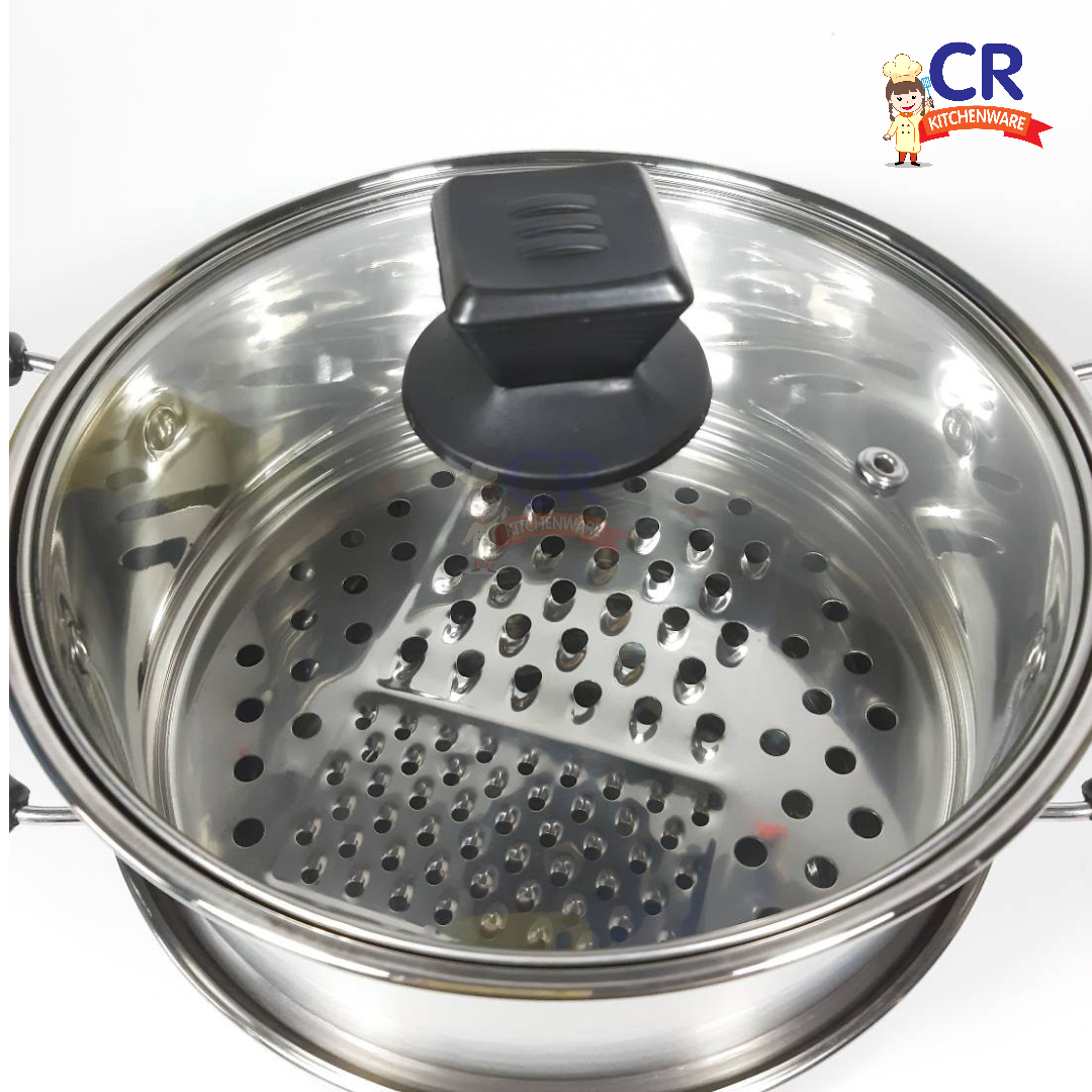 หม้อนึ่งสแตนเลส พร้อมที่สไลด์ผัก ขนาด 22 ซม. ฝาแก้ว