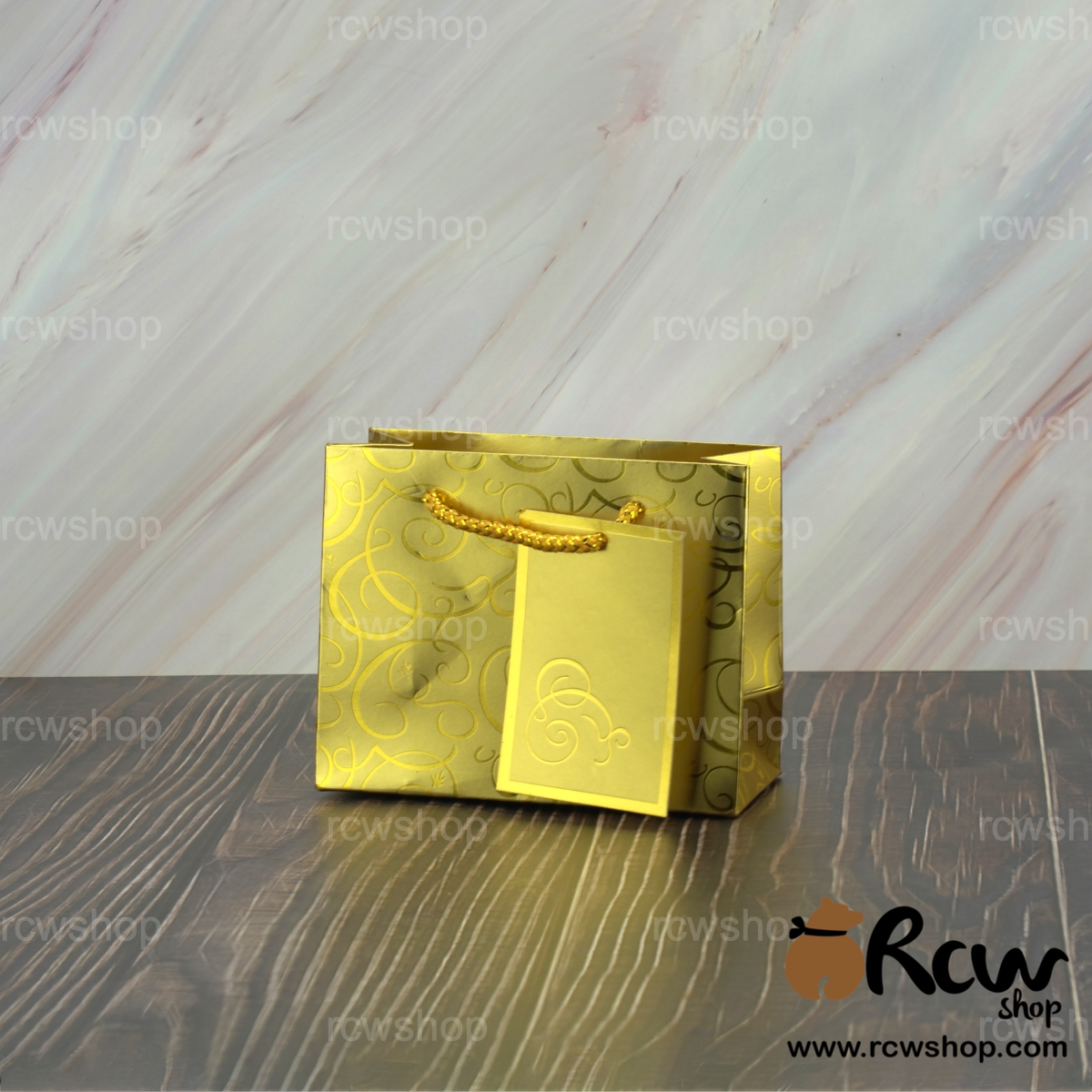 ถุงของขวัญอัดฟอยล์ เคลือบ UV แนวนอน สีทอง