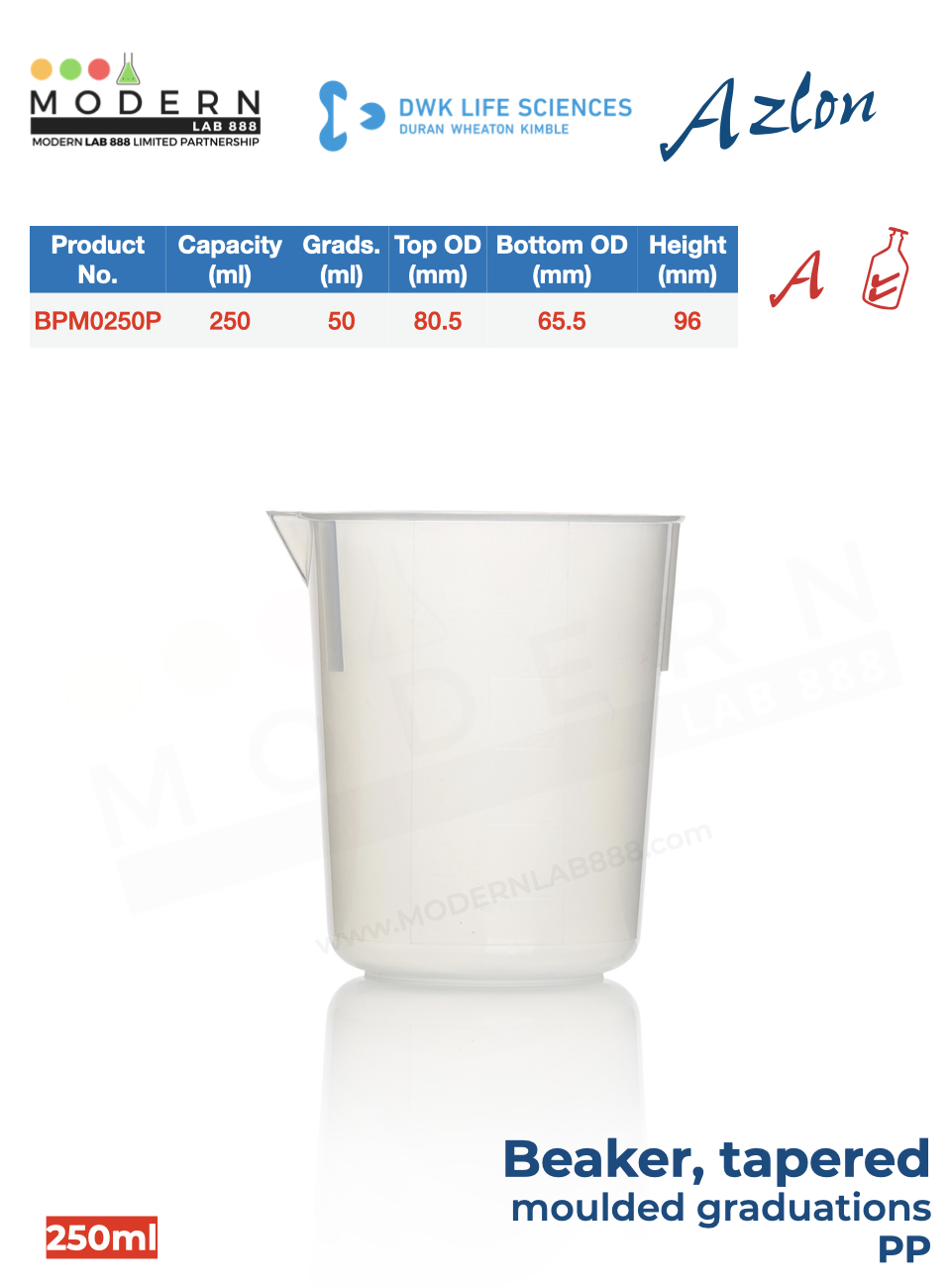 บีกเกอร์ พลาสติก PP แบบสเกลตัวนูน / Beaker, tapered, moulded graduations, PP, "AZLON"