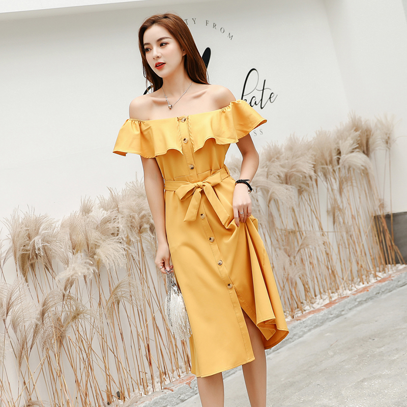 ชุดเดรสสีเหลือง ใส่ได้ 2 แบบ แบบไหล่ป้าน หรือเปิดไหล่ ส่งฟรี ems