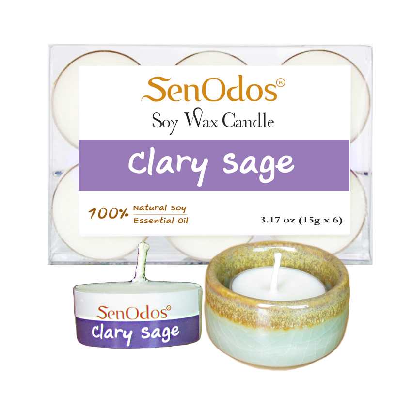 SenOdos เทียนหอมอโรม่า เทียนทีไลท์ Tealight Set Clary Sage Soy Candles - กลิ่นแครี่เซจแท้ 15 กรัม 6 ชิ้น + เชิงเทียน ที่วางเทียนทีไลท์ ศิลาดล (เซลาดล) สีเขียวหยกขอบทอง สำเนา