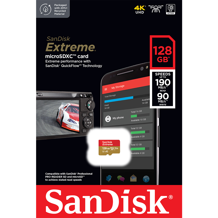 SanDisk Extreme microSDXC Card V30 U3 128GB 190MB/s R, 90MB/s W (SDSQXAA-128G-GN6MN) Mobile Gaming ,Nintendo ,GoPro ประกัน Synnex ตลอดอายุการใช้งาน