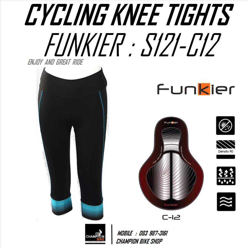 กางเกงปั่นจักรยานผู้หญิง ขา3ส่วน FUNKIER : S121-C12 GENTS LADIES PRO KNEE TIGHTS สีดำ-ฟ้า