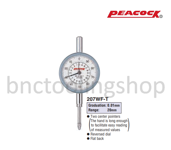 ไดอัลเกจขนาด 20มิล ความละเอียด 0.01มิล,Long Travel Dial Gauges Range 20mm Graduation 0.01mm,Peacock,207WF-T