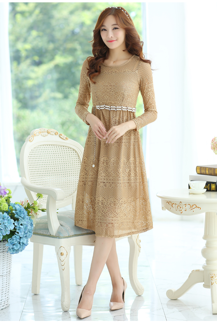 ชุดเดรสผ้าลูกไม้ยาวคลุมเข่า มี 3 สี ส่งฟรี ems