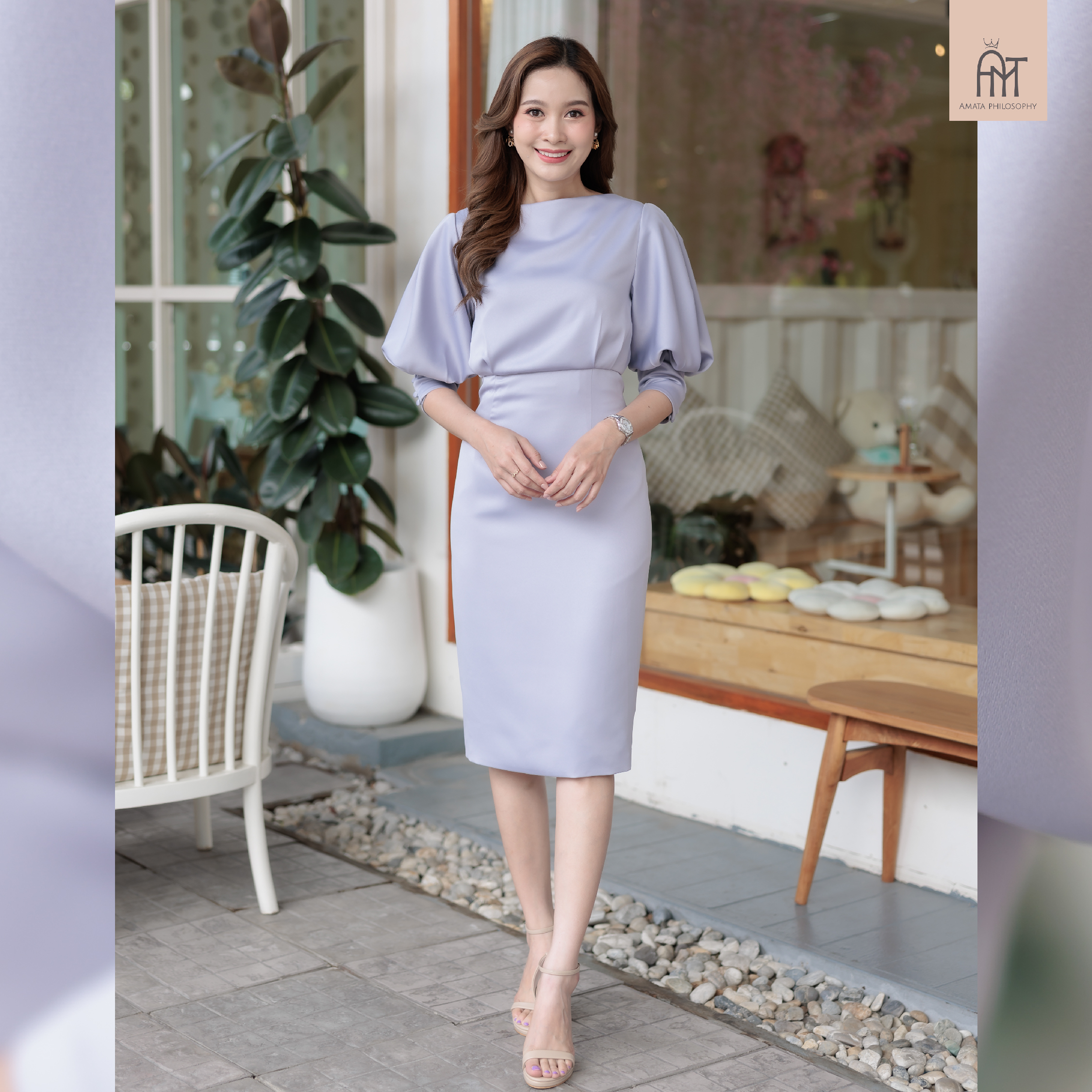 AMATA เดรสแขนพอง สีม่วง
