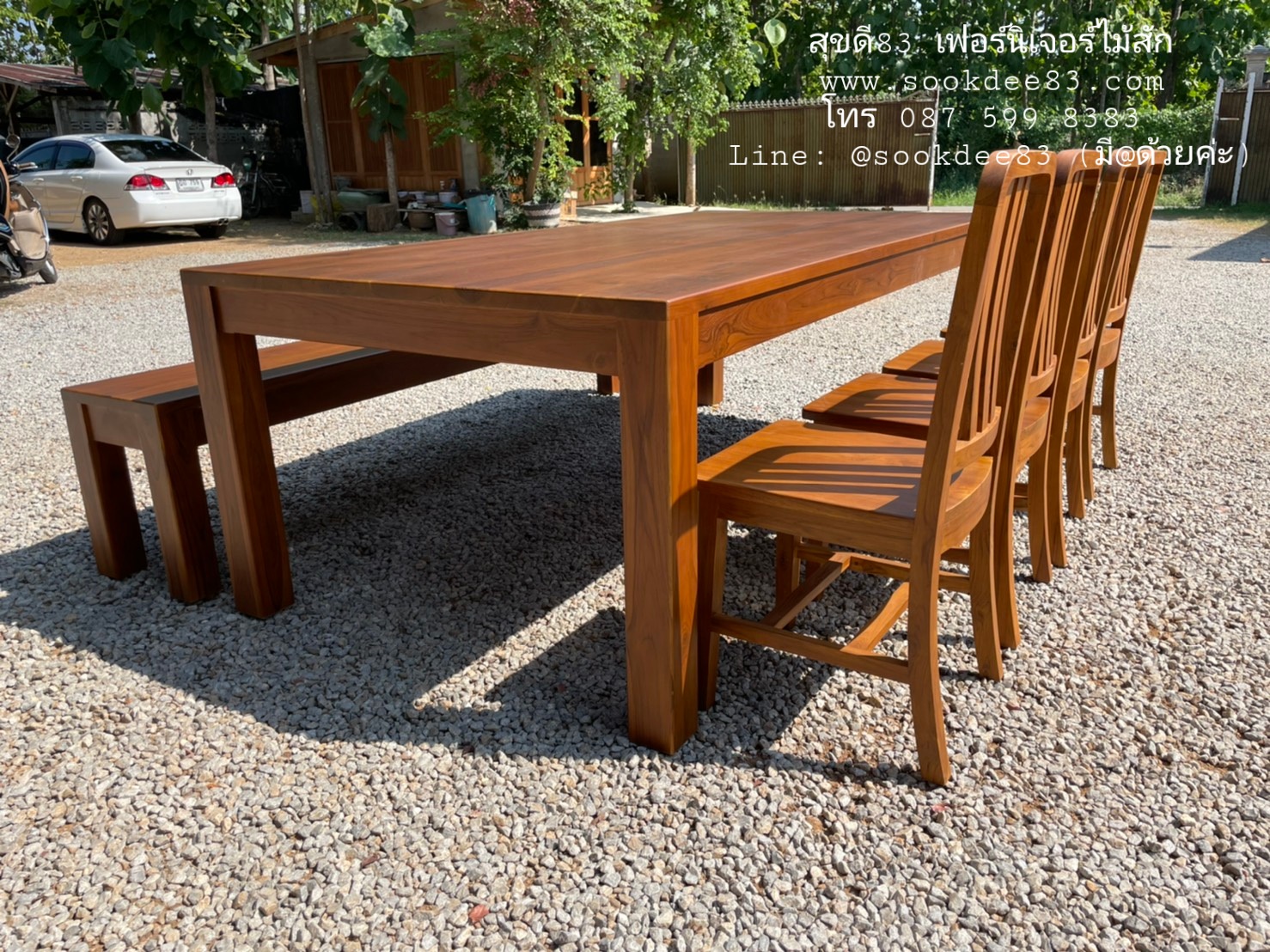 ชุดกินข้าวโต๊ะขาตรง ม้านั่งยาว เก้าอี้พนักมน 4 ตัว