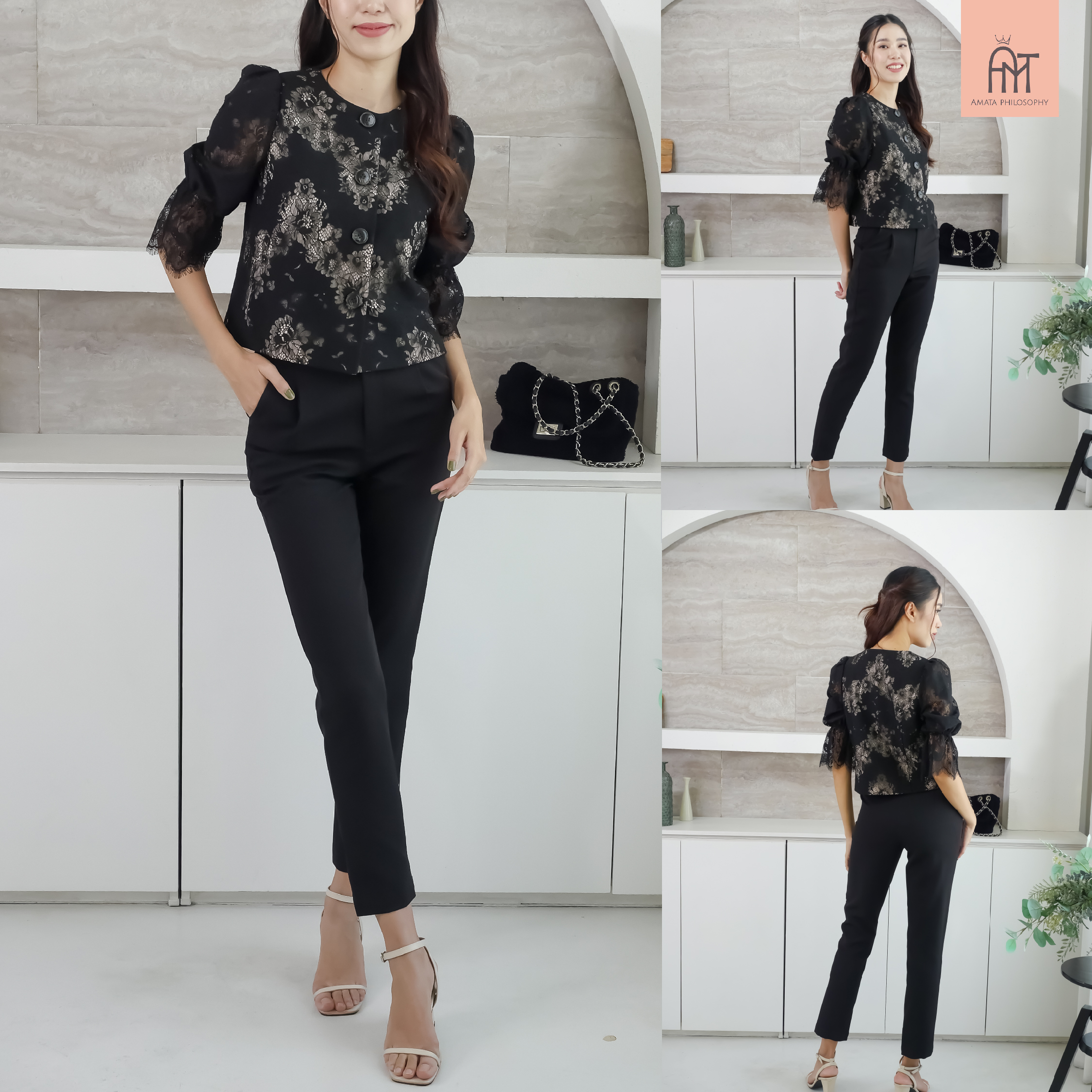 AMATA กางเกง FRENCH สีฟ้า ดำ ครีมเบจ ขาว ชมพู