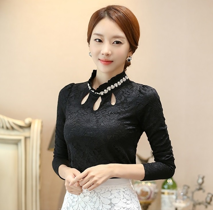 เสื้อผ้าลูกไม้สีดำ แขนยาว เสื้อใส่ทำงาน ส่งฟรี ems