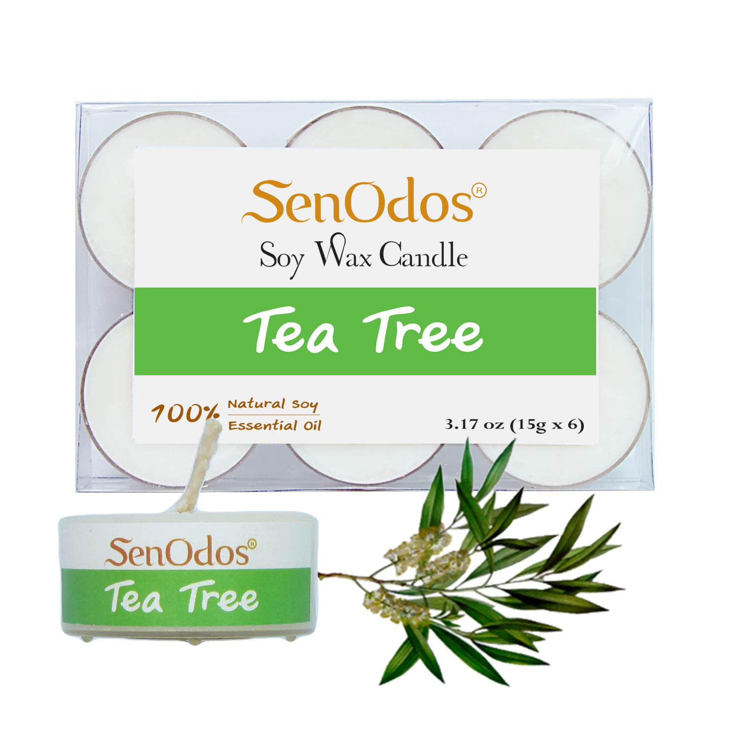 SenOdos เทียนหอม อโรม่า เทียนทีไลท์ Tealight Set Tea Tree Soy Candles เทียนหอมอโรม่า - กลิ่นทีทรีออยล์แท้ 15 g. (6 ชิ้น)