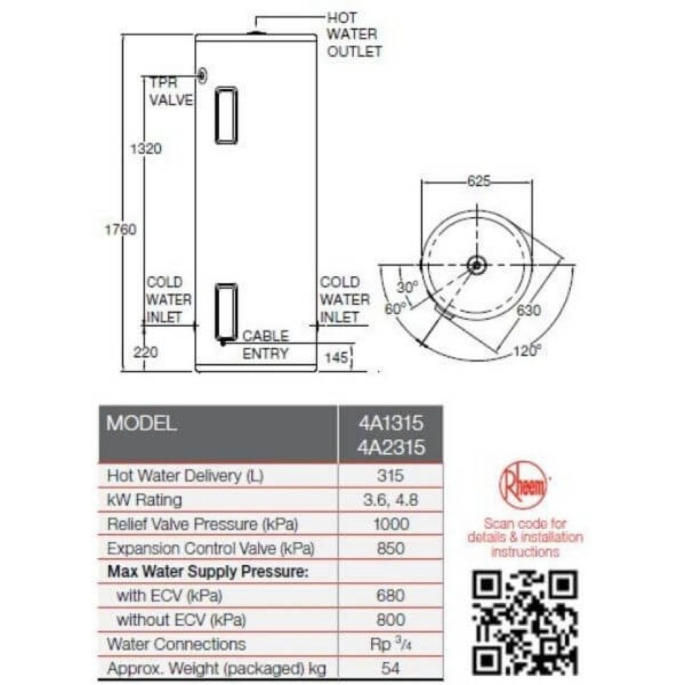 เครื่องทำน้ำร้อน Rheem 315L Electric Water Heater ( Indoor / outdoor )