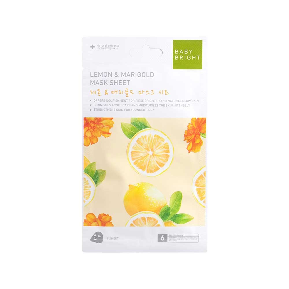 Baby Bright Lemon & Marigold Essence Mask Sheet 20G เบบี้ไบร์ท เลม่อนแอนด์มาริโกลด์เอสเซนต์มาส์กชีท 20G ดูแลผิวแบบเร่งด่วน จำนวน 1 ชิ้น ขนาด 20 กรัม/ชิ้น