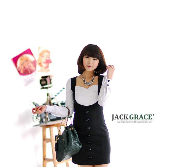 ชุดเดรสแขนยาว ทูโทนสีดำขาว ส่งฟรี ems