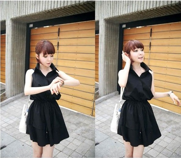 ชุดเดรสผ้าฝ้ายสีดำ แขนกุด ส่งฟรี ems