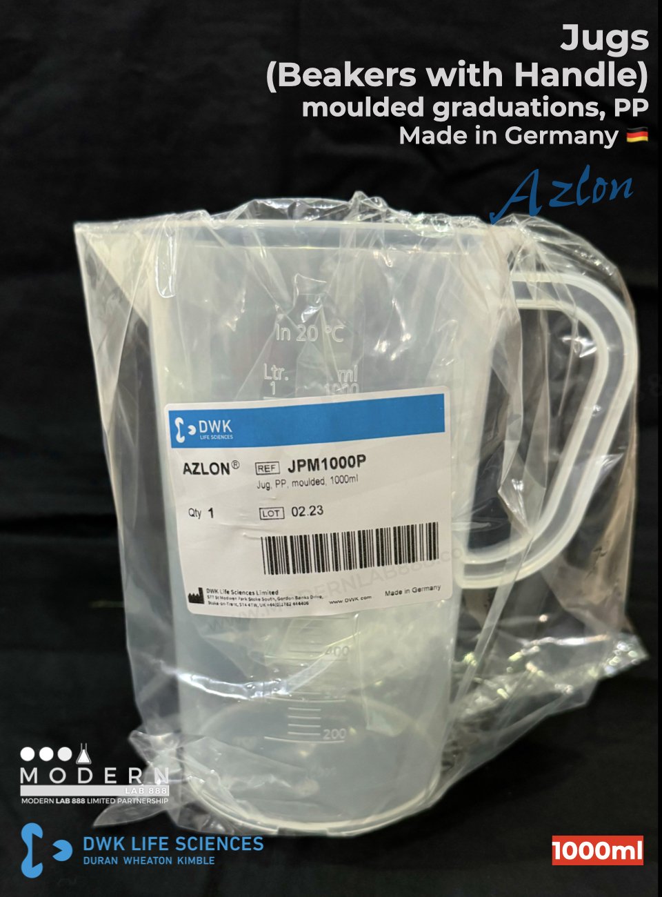 บีกเกอร์มีหูจับ พลาสติก PP แบบสเกลตัวนูน / Jug, moulded graduations, PP, "AZLON"