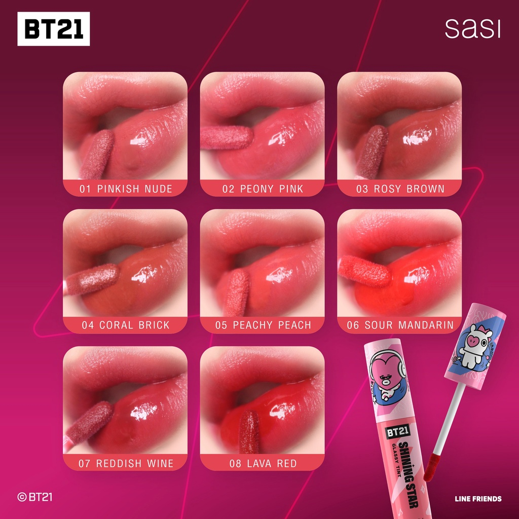 Sasi x BT21 Shining Star Glassy Tint 3g. #05 Peachy Peach ลิปทินท์ ศศิ ชายนิ่ง สตาร์ กลาสซี่ ทินท์ ลิปศศิ ลิปทินท์เนื้อกึ่งกลอส ฉ่ำวาว ขนาด 3 กรัม สี 05 Peachy Peach