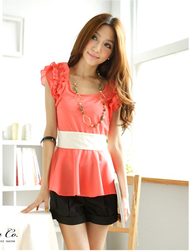 เสื้อสีส้ม พร้อมผ้าผูกเอวสีชมพู ส่งฟรี ems