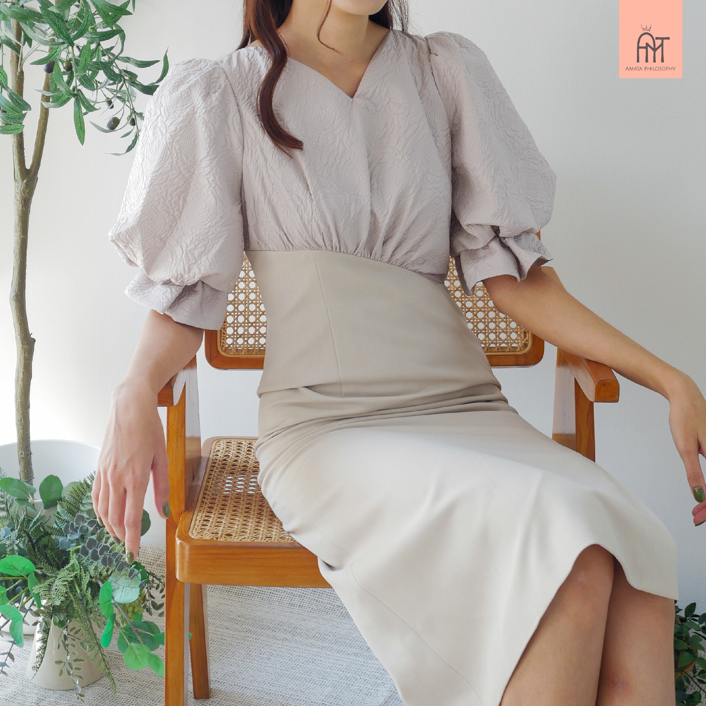 AMATA เดรส MELBOURNE สีชมพู สีเทา