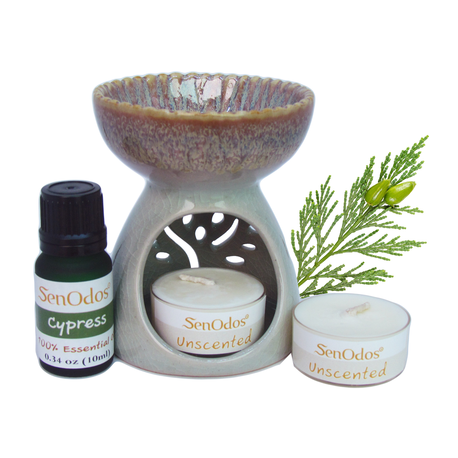 ชุดเซ็ตน้ำมันพร้อมเตาเผา กลิ่นไซเปรสซ์ Cypress Essential Oil 10ml. + เตาเผาน้ำมันหอมระเหย เซรามิค เครื่องปั้นดินเผา เนื้อศิลาดล สีเขียวหยก ลวดลายใบมะกอก และลายน้ำไหลหลากสีสวยงาม (แถมฟรี!! เทียนไขถั่วเหลืองบริสุทธิ์ 15 g. X 2 ชิ้น ราคา 120 บาท)