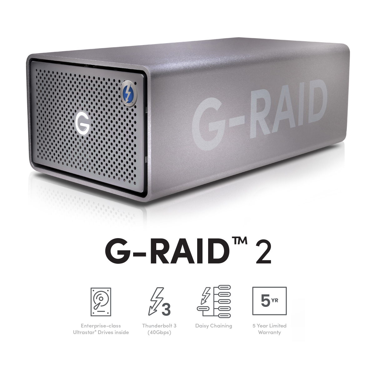 G-RAID 2 is a high-performance, 2-bay enterprise-class storage system featuring ultra-reliable, 7200RPM Ultrastar drives inside, Thunderbolt 3 (20Gbps) SanDisk Professional SDPH62H-024T-SBAAD