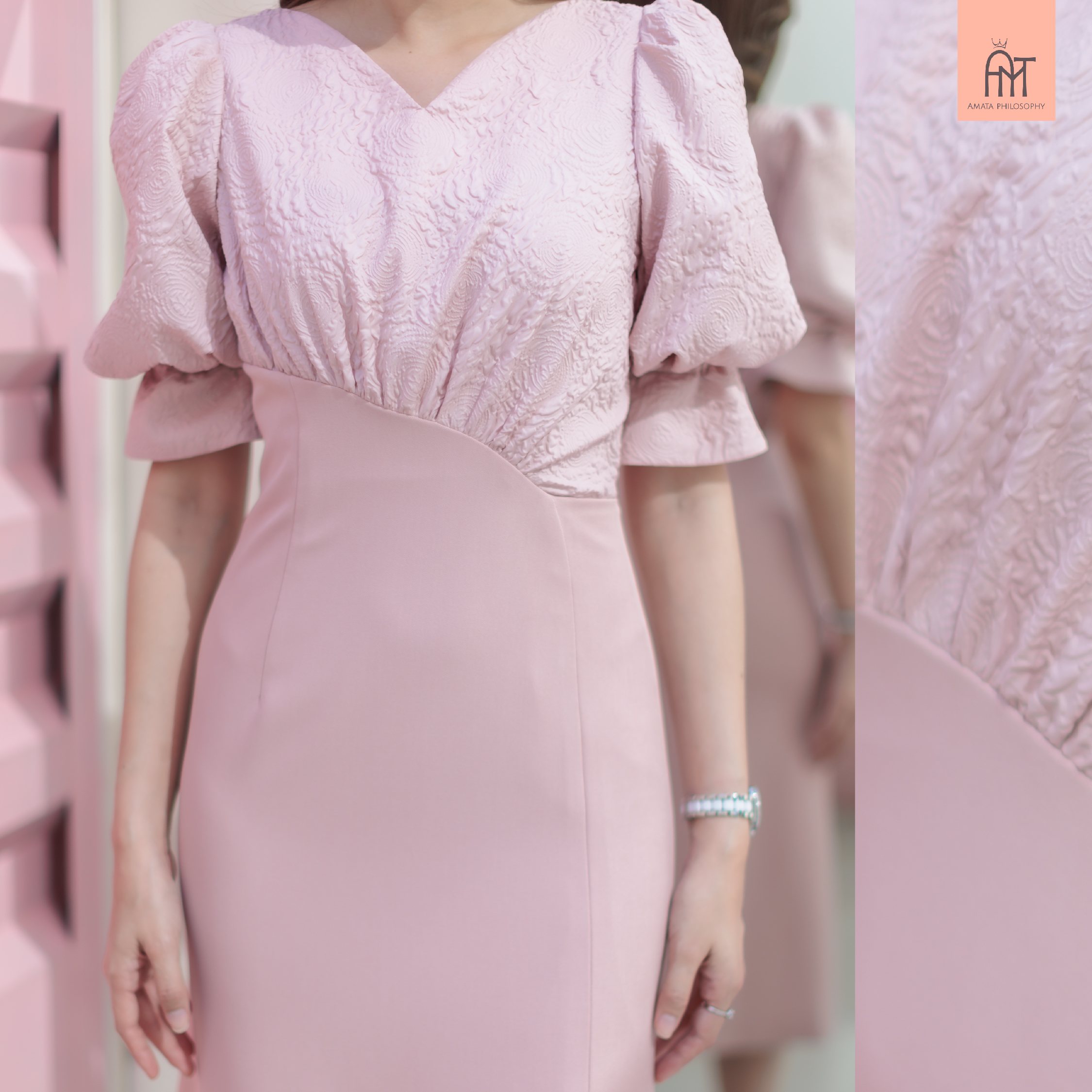 AMATA เดรส MELBOURNE สีชมพู สีเทา