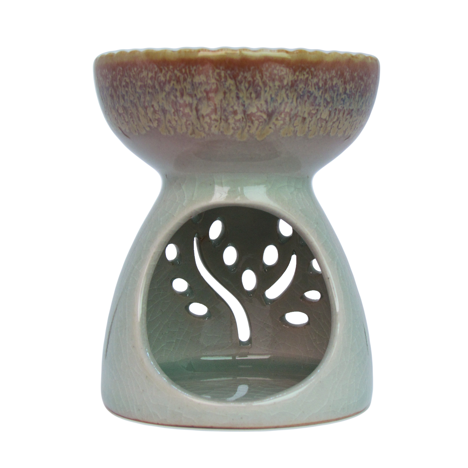 เตาเผาน้ำมันหอมระเหย เซรามิค เครื่องปั้นดินเผา เนื้อศิลาดล สีเขียวหยก ลวดลายใบมะกอก และลายน้ำไหลหลากสีสวยงาม