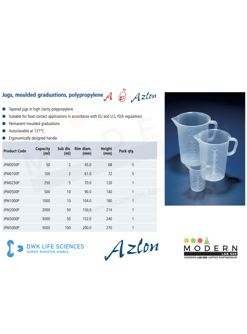 บีกเกอร์มีหูจับ พลาสติก PP แบบสเกลตัวนูน / Jug, moulded graduations, PP, "AZLON"