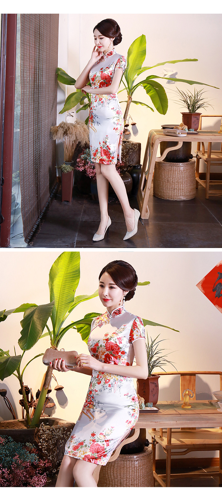 กี่เพ้าสั้นสีน้ำเงิน พิมพ์ลายดอกโบตั๋น ส่งฟรี ems