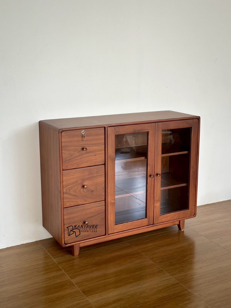 ตู้โชว์เก็บของไม้สัก สีวอลนัท พร้อมที่ล็อค