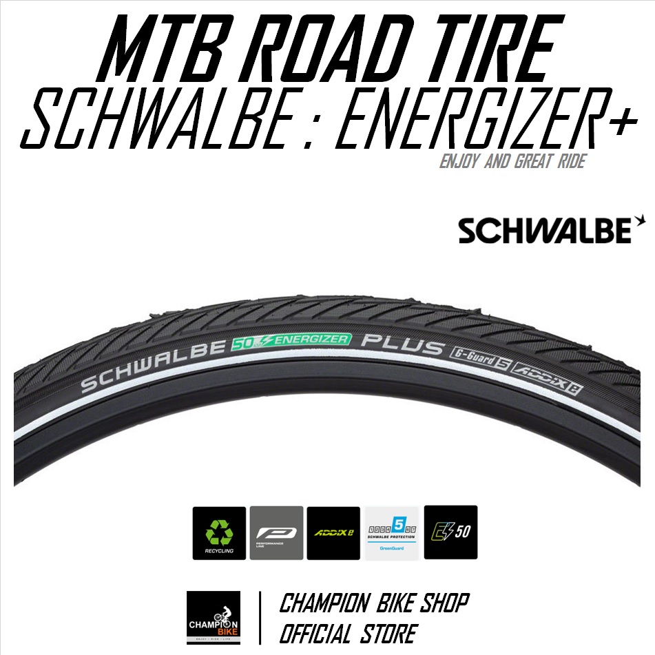 ยางเสือภูเขาทางเรียบ26x1.75 SCHWALBE : ENERGIZER+ 26x1.75 MTB ROAD TIRE / E-BIKE TIRE ขอบลวด มีกันหนาม