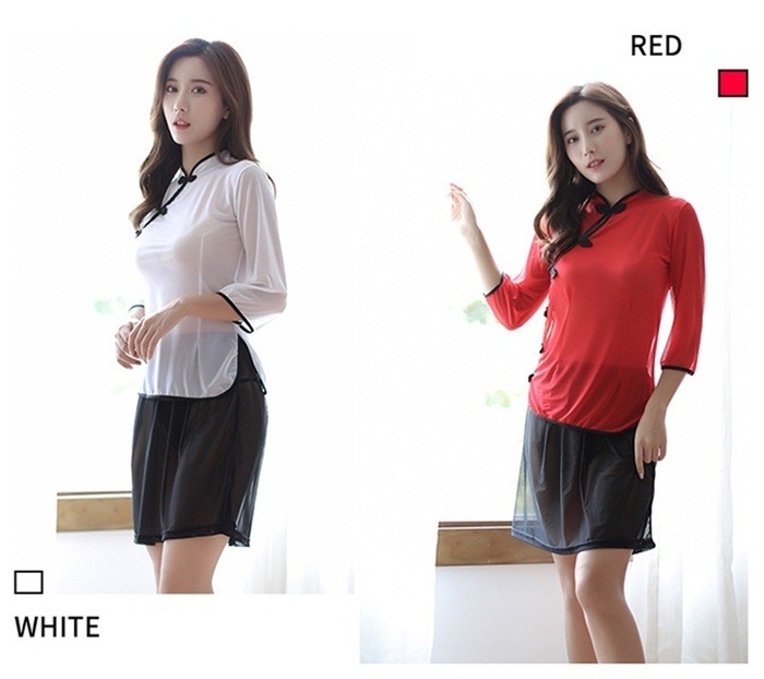 C8002 ชุดนักเรียนจีนแบบโบราณ ชุดนักเรียนจีนสไตล์วินเทจย้อนยุคมาในแบบ2ชิ้นประกอบไปด้วย เสื้อแขนยาวคอจีนแต่งกระดุมเชือกเป็นผ้าซีทรูเนื้อนิ่มๆและกระโปรงซีทรูสีดำขอบเป็นยางยืดตามรูปเลยค่ะ