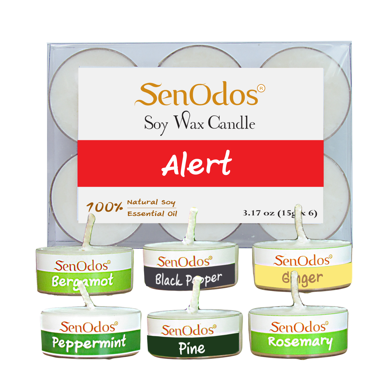 SenOdos Emotional Scented Soy Candles Aroma Alert เทียนหอมอโรม่า เทียนทีไลท์ (กลิ่นตื่นตัว) ขนาดพกพา ขนาดทดลอง 15 g. (แพ็ค 6 ชิ้น)