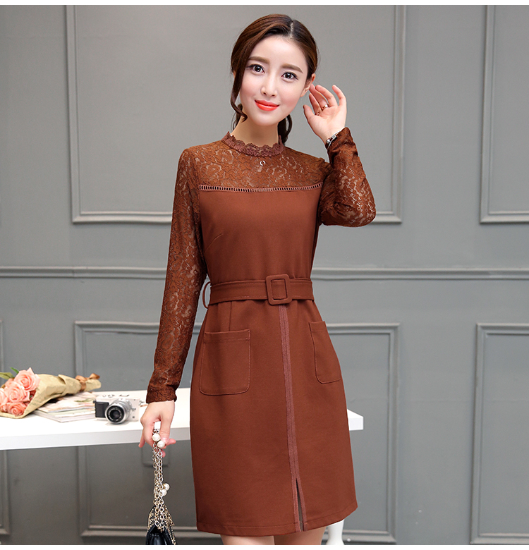 ชุดเดรสสีน้ำตาลแขนยาว ส่งฟรี ems