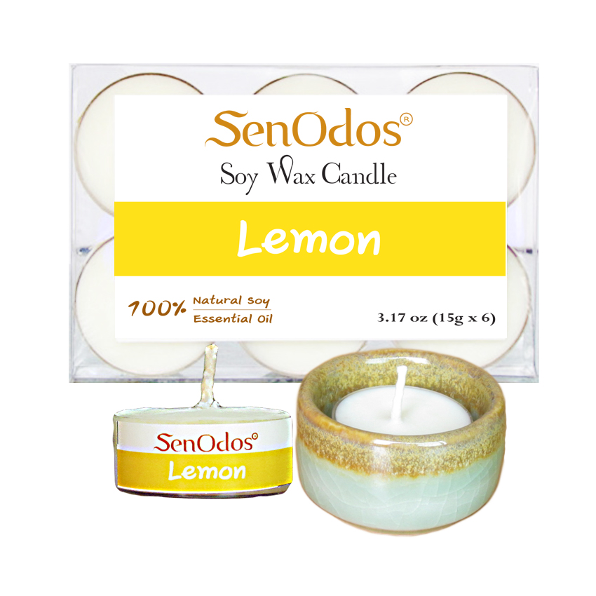SenOdos เทียนหอม อโรม่า เทียนทีไลท์ Tealight Set Lemon Scented Soy Candles Aroma - กลิ่นเลมอนแท้ 15g. (6 PCS) + เชิงเทียน ที่วางเทียนทีไลท์ ศิลาดล (เซลาดล) สีเขียวหยกขอบทอง