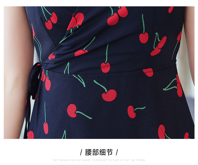 ชุดเดรสน้ำเงิน พิมพ์ลายเชอร์รี่สีแดง ส่งฟรี ems