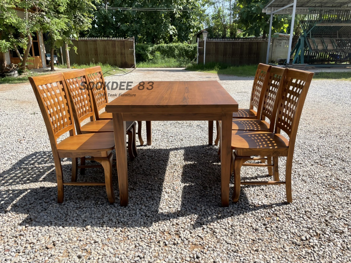 ชุดโต๊ะกินข้าวไม้สักขาสอบ เก้าอี้พนักสก๊อต 6 ตัว