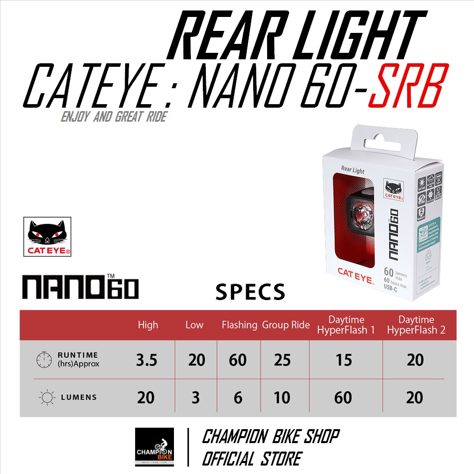 ไฟท้ายจักรยานติดใต้เบาะ ชาร์ทUSB-C CATEYE : NANO 60 - BIKE REAR LIGHT USB-C CHARGE FIT ON SADDLE RAIL BRACKET