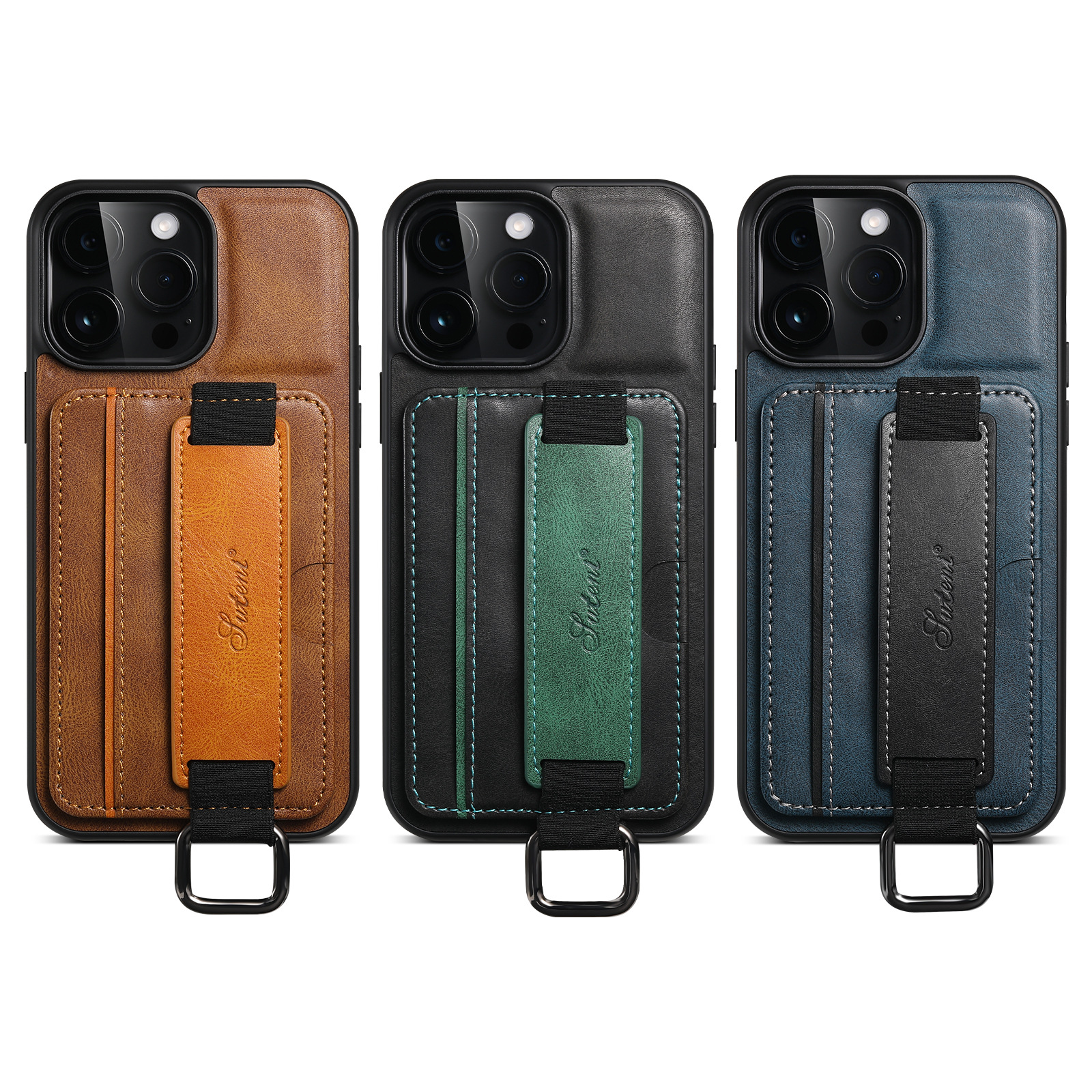 เคสหนังสำหรับ Iphone 12 13 14 15 Pro Pro Max รุ่น SPC10 เคสหนังพร้อมช่องใส่บัตร มีสายรัดข้อมือหนังแท้เกรดพรีเมี่ยม