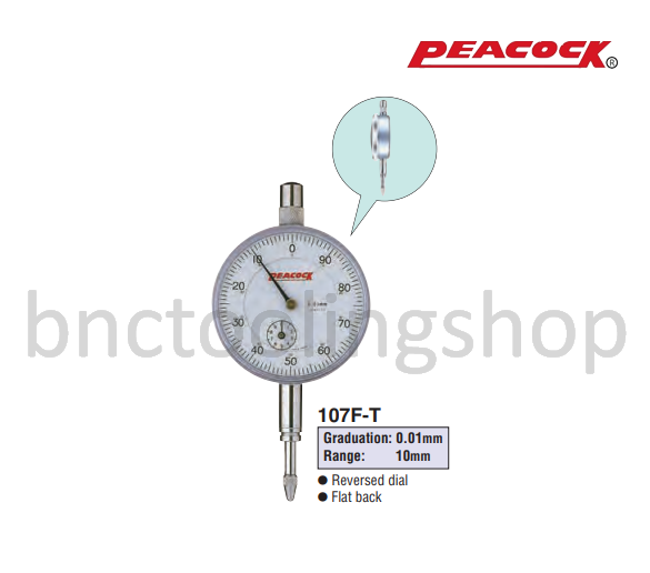 ไดอัลเกจขนาด 10มิล ความละเอียด 0.01มิล,Standard Dial Gauges Range 10mm Graduation 0.01mm,Peacock,107F-T
