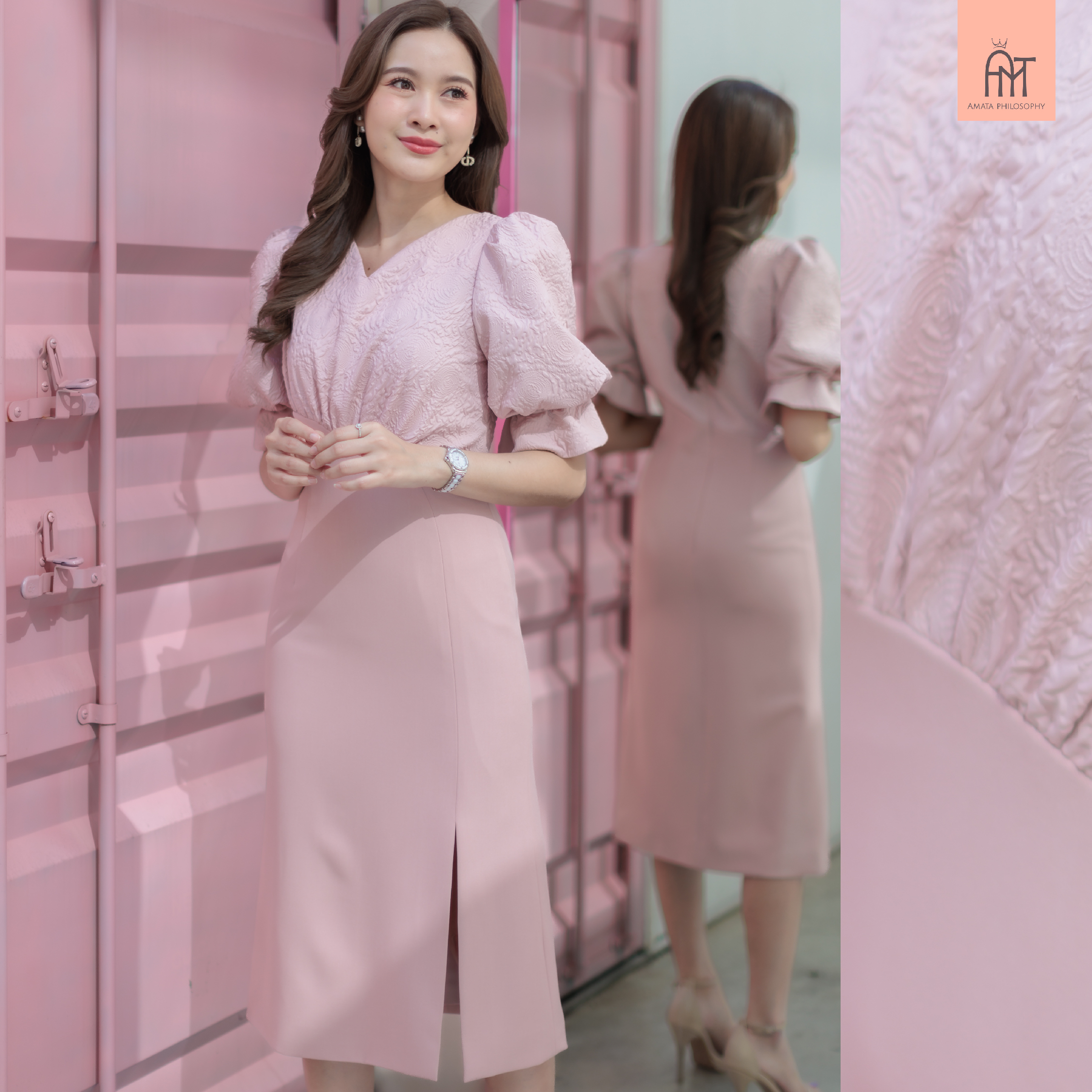 AMATA เดรส MELBOURNE สีชมพู สีเทา