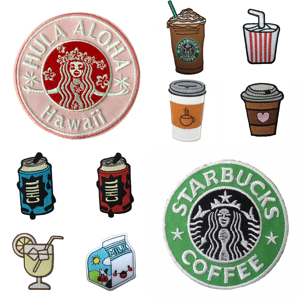 กาแฟ เครื่องดื่ม ตัวรีดติดเสื้อ อาร์มรีด อาร์มปัก ตกแต่งเสื้อผ้า หมวก กระเป๋า แจ๊คเก็ตยีนส์ Food, Drink Embroidered Iron on Patch