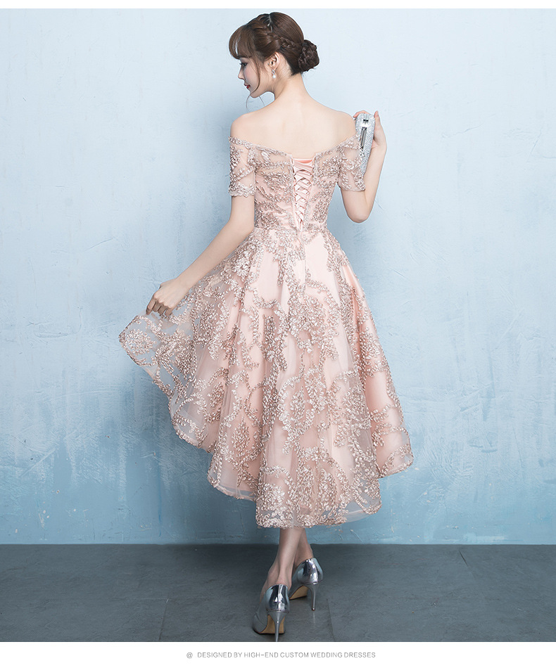 ชุดเดรสออกงานสีโกลด์แชมเปญ ดีไซน์เปิดไหล่ ปิดต้นแขน กระโปรงหน้าสั้นหลังยาว ส่งฟรี