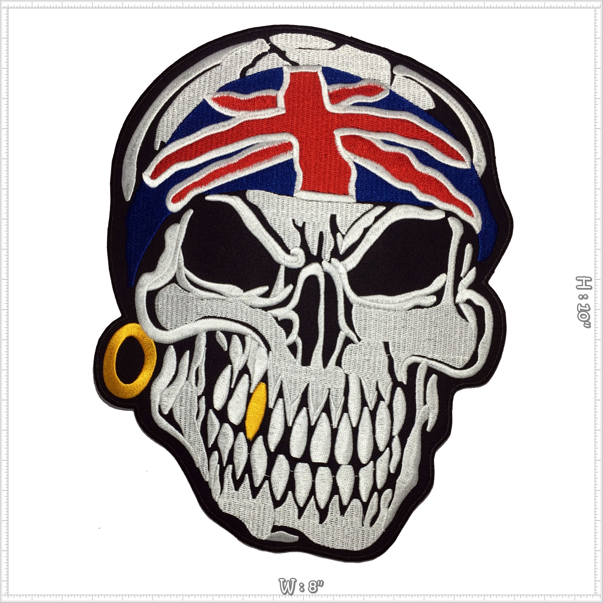 กะโหลกโพกหัว ธงชาติอังกฤษ ตัวรีดติดเสื้อ อาร์มรีด อาร์มปัก ตกแต่งเสื้อผ้า แจ๊คเก็ตยีนส์ Embroidered Iron on Patch ไซส์ใหญ่