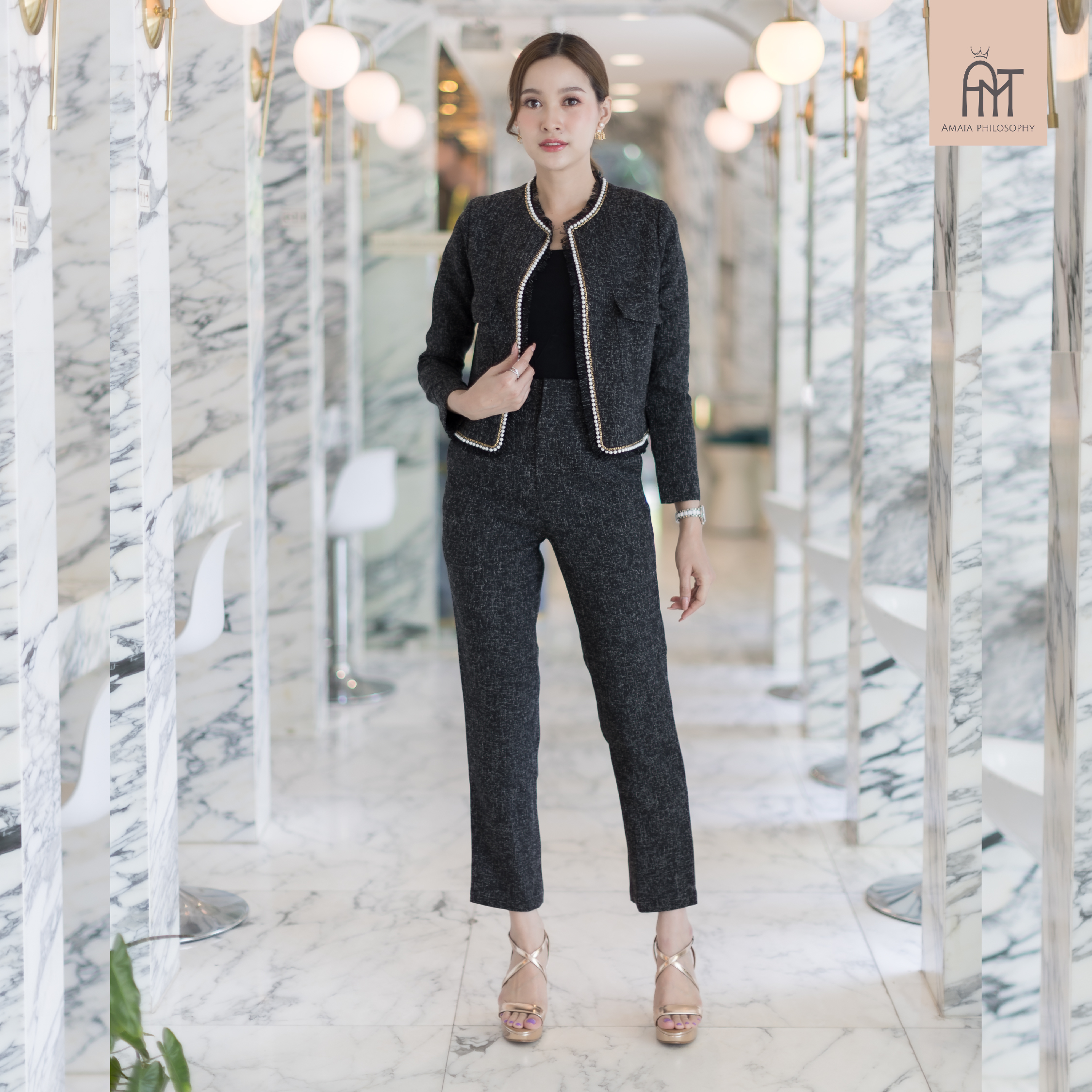 AMATA กางเกงผ้าทวีตลายทาง Tweed O clock Pants สีดำ