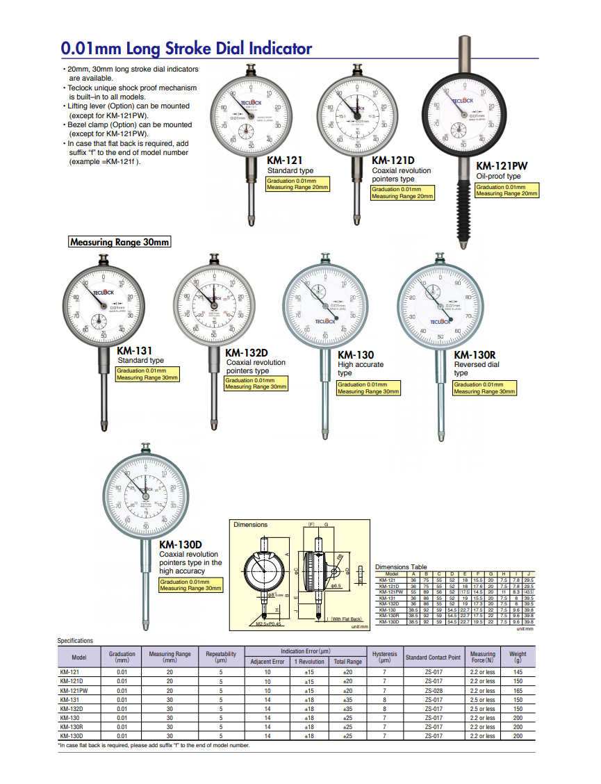 ไดอัลเกจแกนวัดยาวความละเอียด 0.01มิล,Long Stroke Dial Indicator Graduation 0.01mm,TECLOCK,KM-121