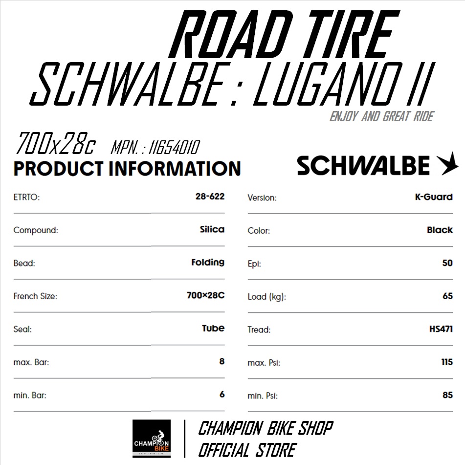 ยางเสือหมอบ700x25 700x28 SCHWALBE : LUGANO II 700x25 700x28 ROAD BIKE TIRE ขอบพับ