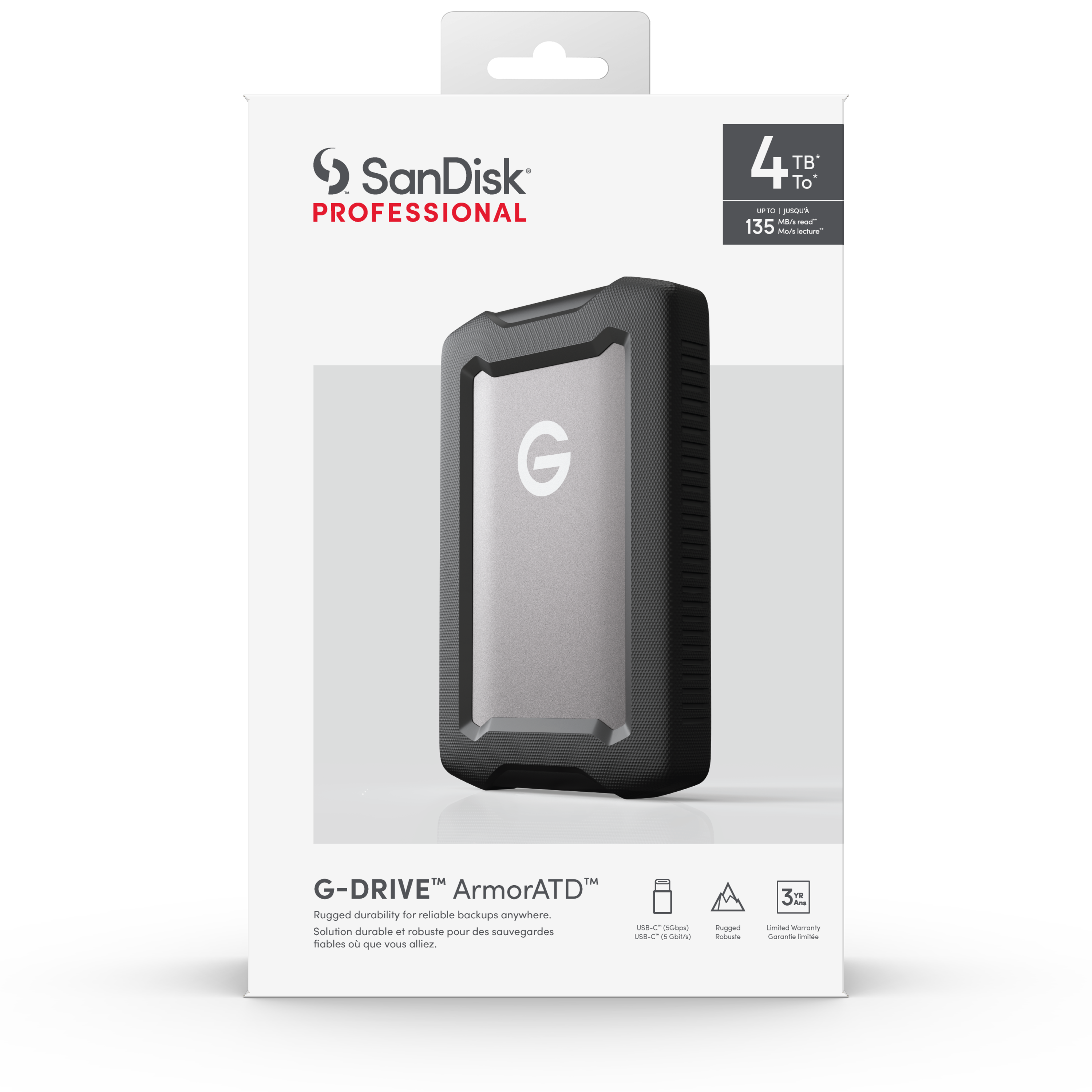 G-DRIVE ArmorATD (SDPH81G) Rugged, Durable portable external HDD, Up to 135-140MB/s*, USB-C (5Gbps), USB 3.2 Gen1 1TB 2TB 4TB 5TB SanDisk Professional