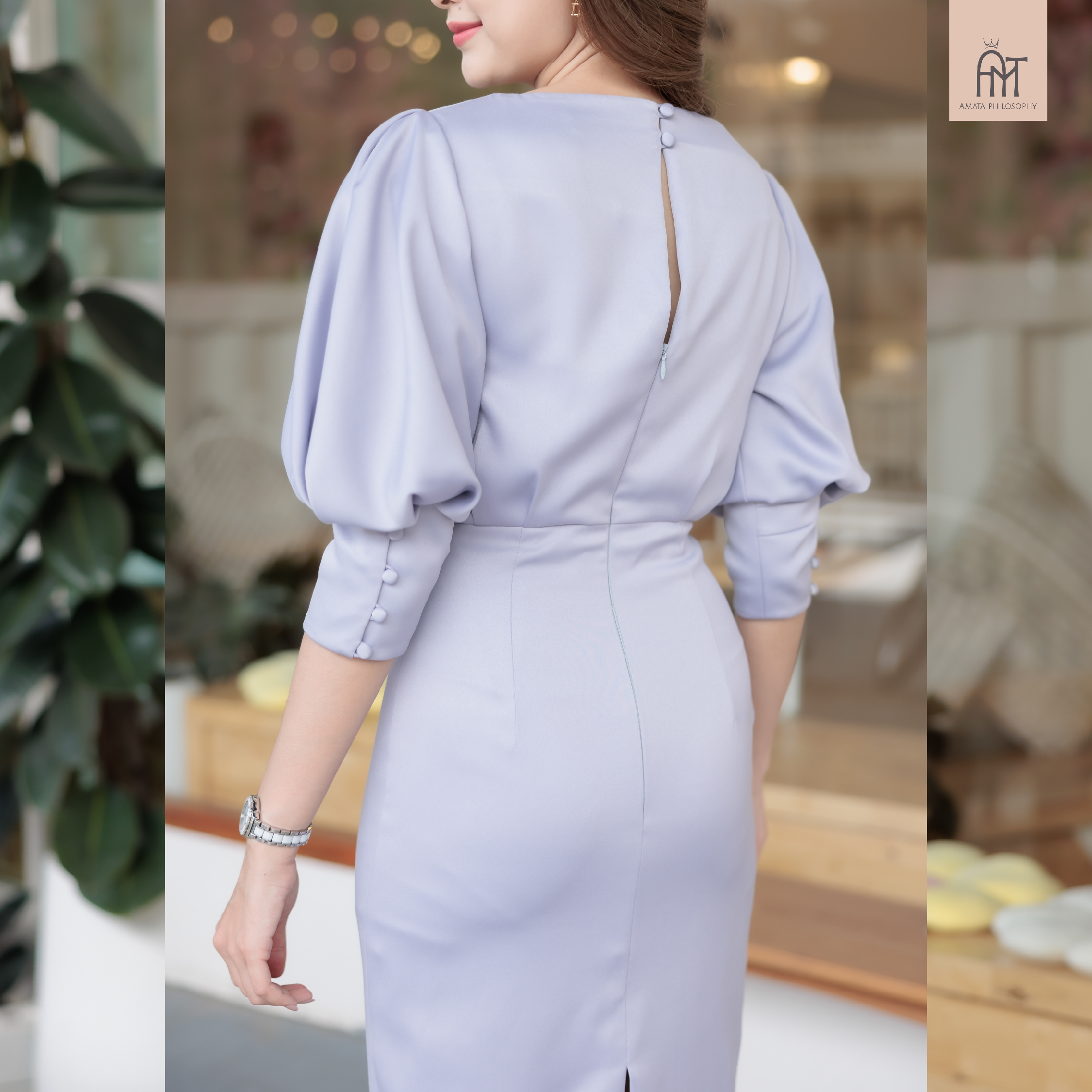 AMATA เดรสแขนพอง สีม่วง