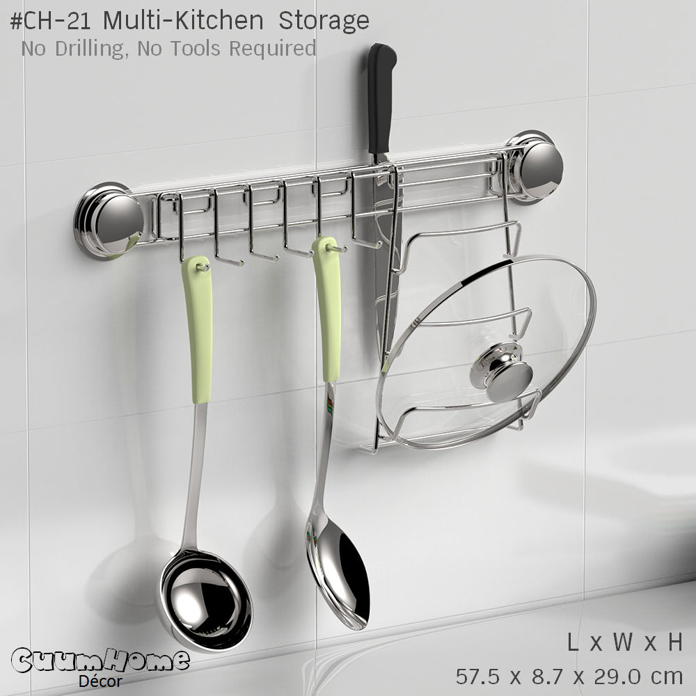 CH-21 ที่วางมีด ตะขอ และที่วางฝา ไม่ต้องเจาะผนัง -Multi Function Kitchen Storage