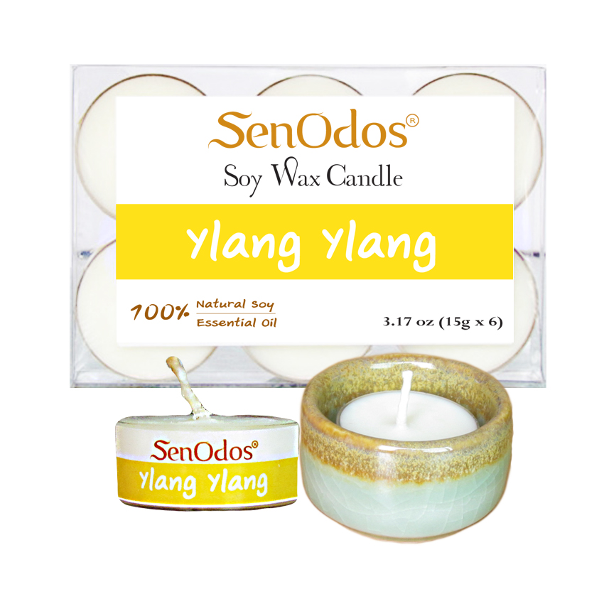 SenOdos เทียนหอมอโรม่า เทียนทีไลท์ Tealight Set Ylang Ylang Soy Candles - กลิ่นกระดังงา 15 กรัม 6 ชิ้น + เชิงเทียน ที่วางเทียนทีไลท์ ศิลาดล (เซลาดล) สีเขียวหยกขอบทอง